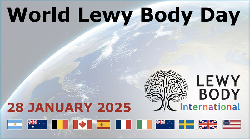 Graphic of the Earth with Worl Lewy Body Day in black bold text.